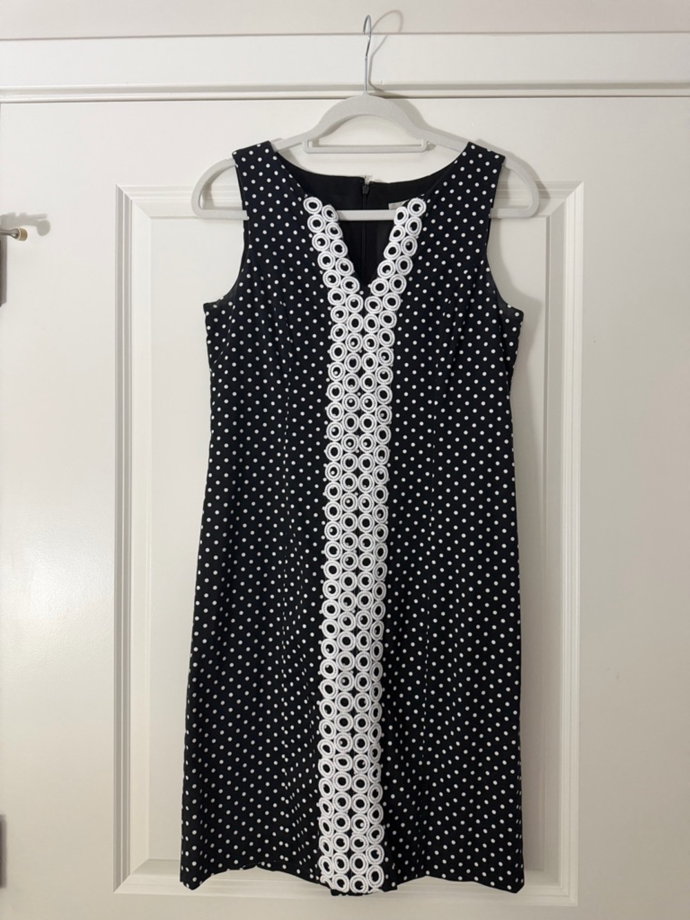 Jones Studio Black & White Polka Dot Midi Dress with Center Lace-Style Trim